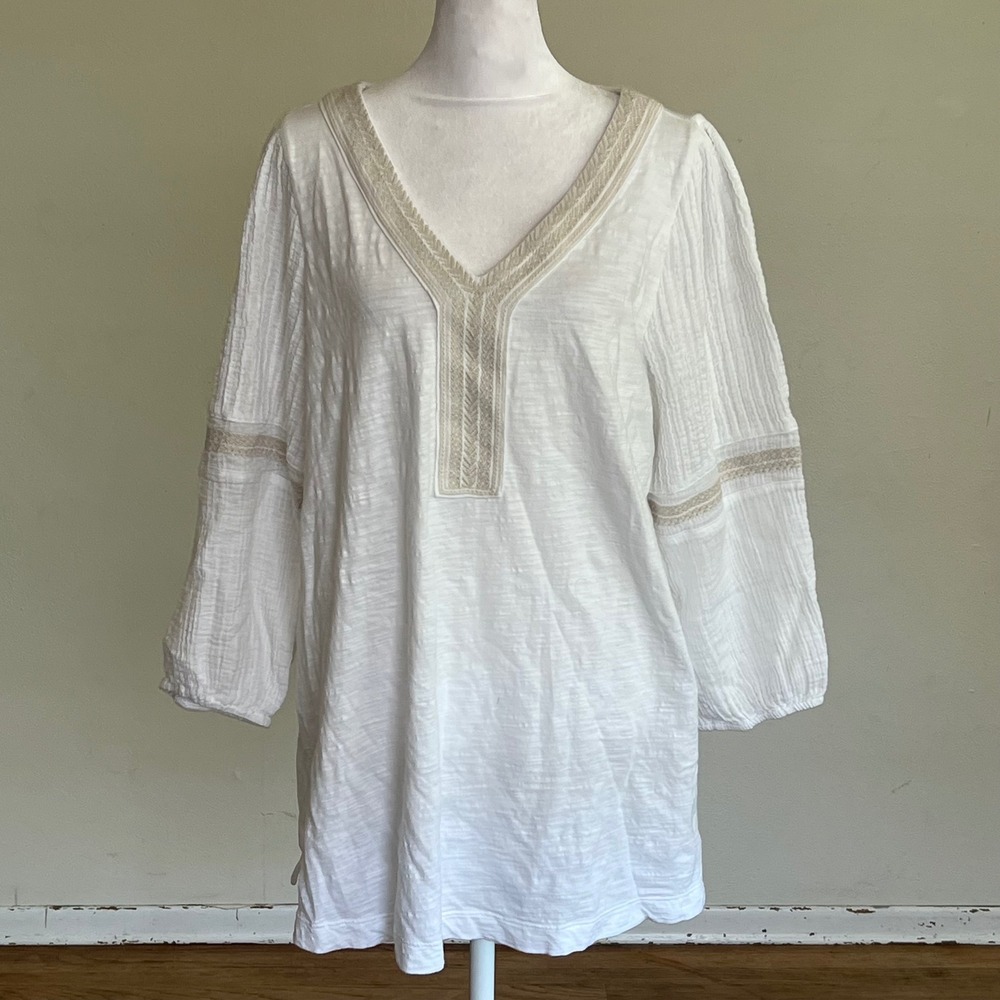 Pure Jill J. Jill White Cotton Gauze Embroidered V-Neck Tunic Top Mens M Boho